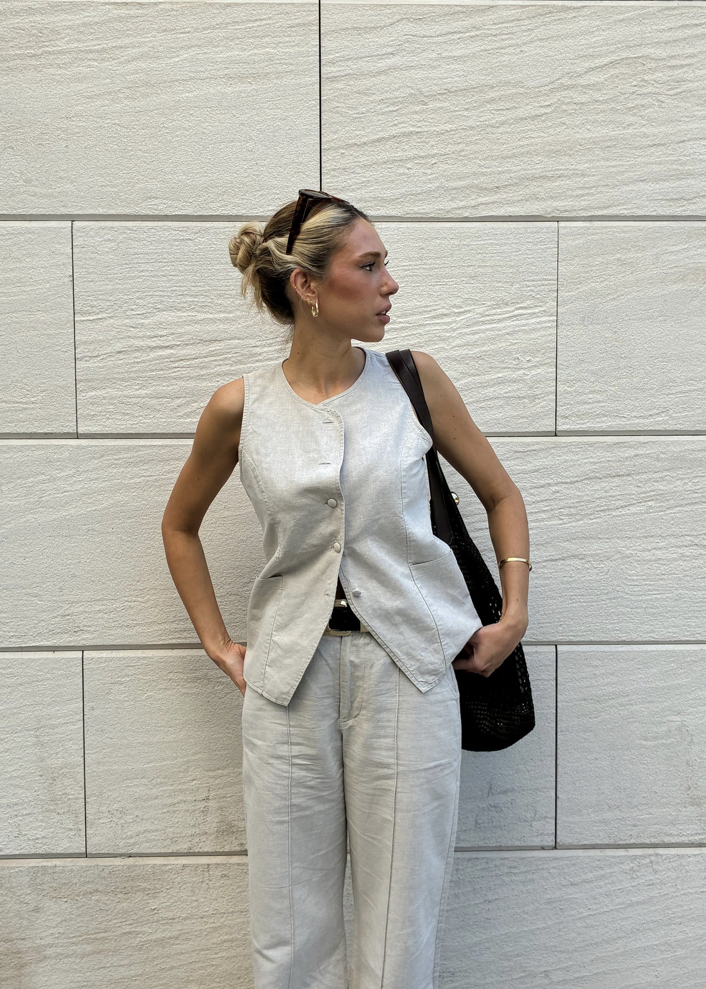 Conjunto Sienna beige de lino y algodón para mujer